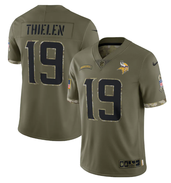 Men's Minnesota Vikings #19 Adam Thielen Olive 2022 Salute To Service Limited Stitched Jersey
